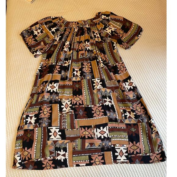 Hand Made Boho One Of A Kind Tribal Print Knee Length Brown Short Sleeve Dress L - Picture 10 of 14